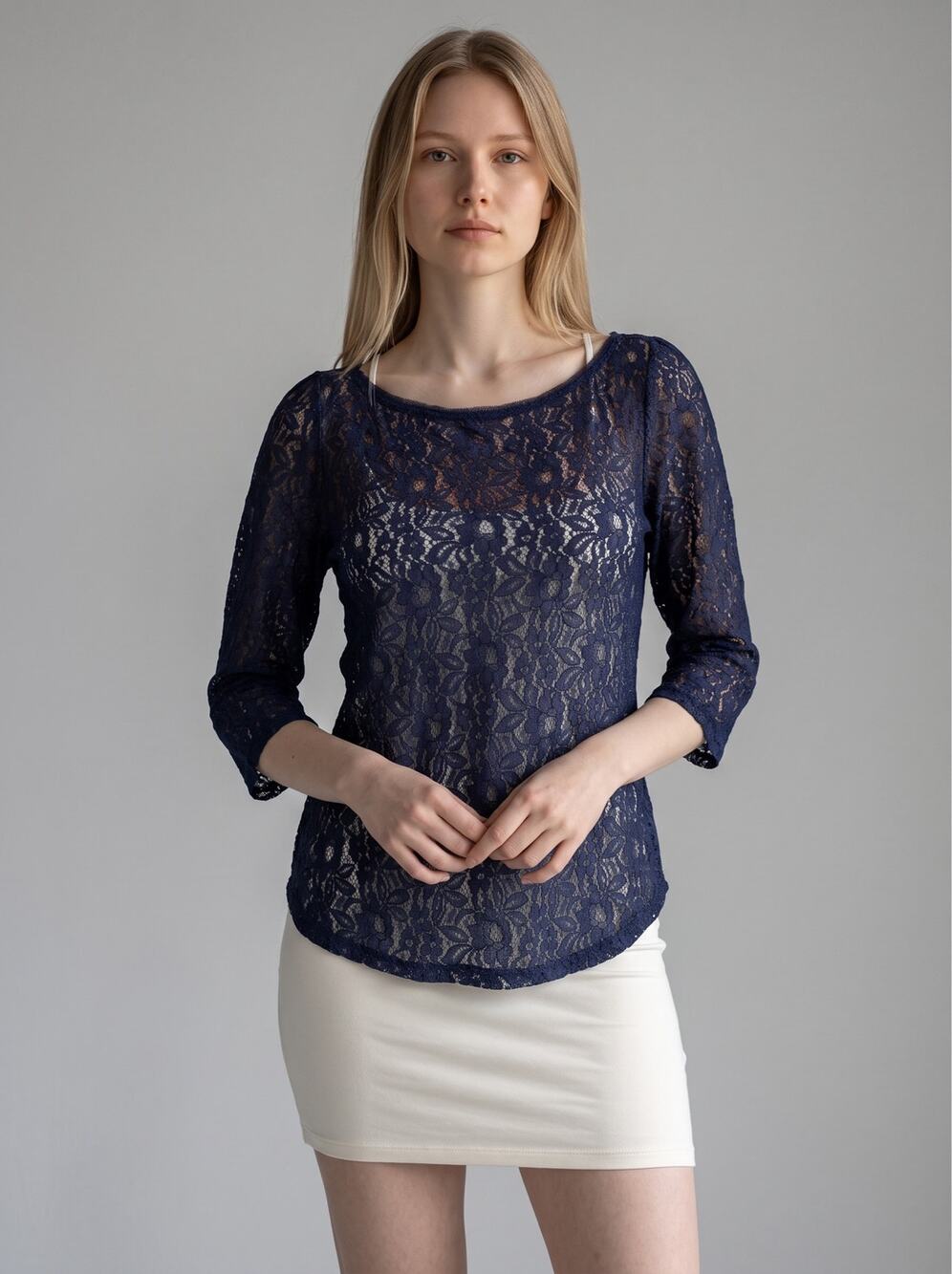 LOFT Navy Blue Sheer Floral Lace Blouse 3/4 Sleeve Full Button-Back Womens XS